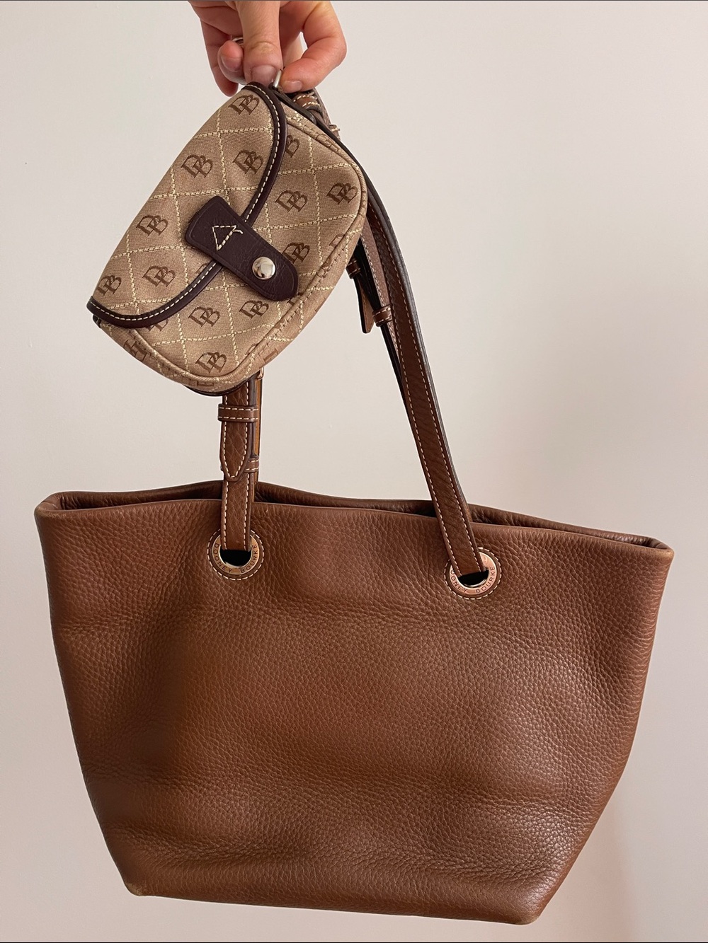 BUNDLE Dooney & Bourke Brown Leather Tote & Monogram Pouch Bundle
